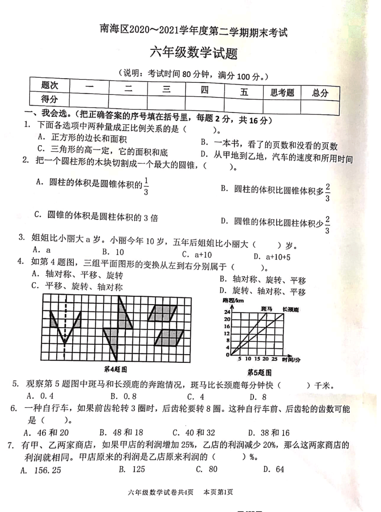 广东省佛山市南海区2021年小学毕业考试六年级数学期末试题（图片版，含答案）