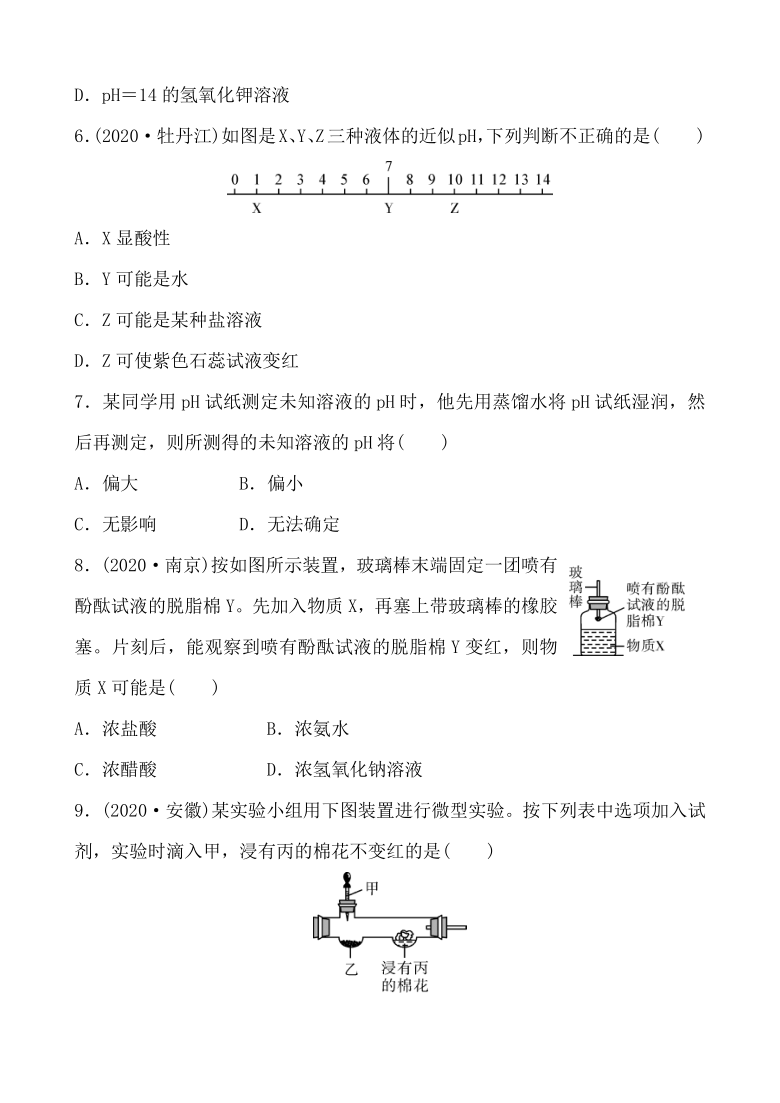 2021年春鲁教版化学中考第一轮知识点强化练习   溶液的酸碱性　酸碱中和反应