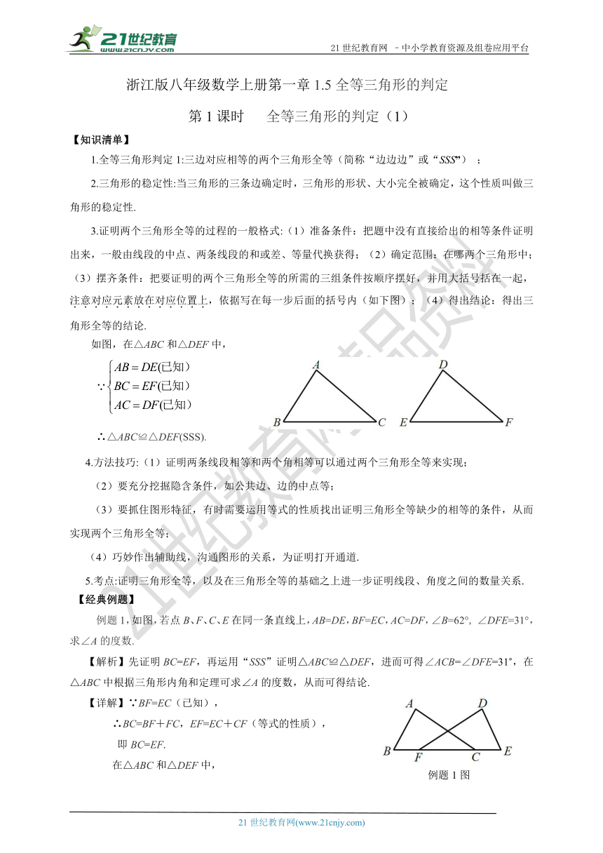 1.5 全等三角形的判定（1）（知识清单+经典例题+夯实基础+提优训练+中考链接）