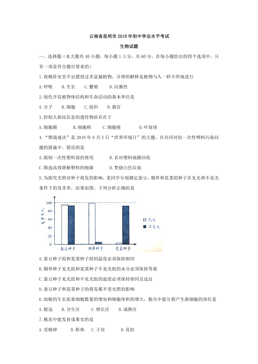 云南省昆明市2018年初中学业水平考试生物试题（word版，答案不全）