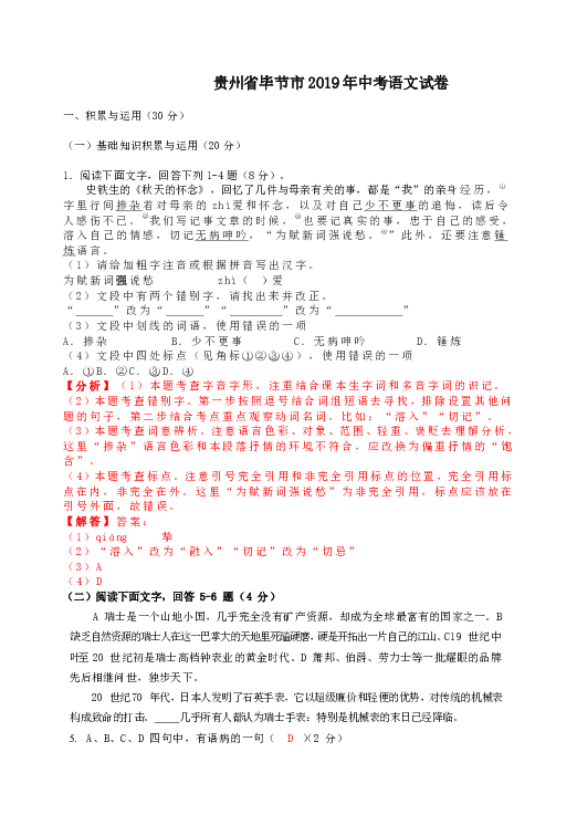 2019年贵州省毕节市中考语文试题（word版，含解析）