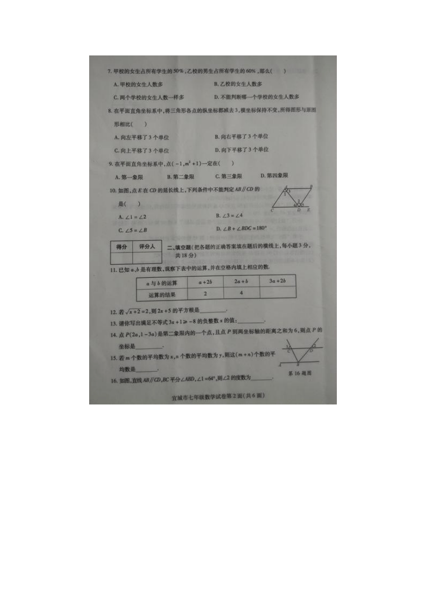 湖北省宜城市2015-2016学年七年级下学期期末学业水平测试数学试题（图片版，无答案）