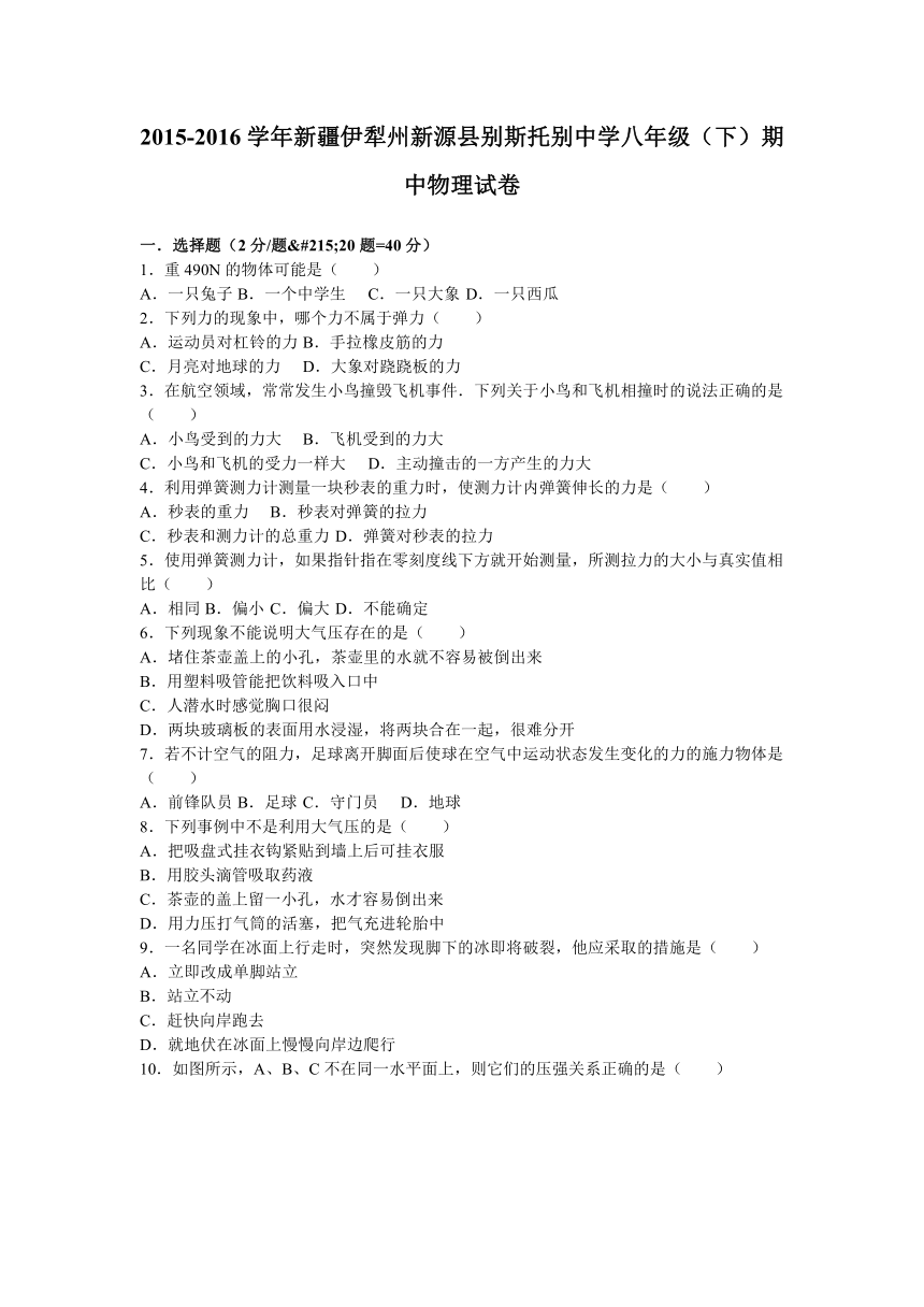 新疆伊犁州新源县别斯托别中学2015-2016学年八年级（下）期中物理试卷（解析版）