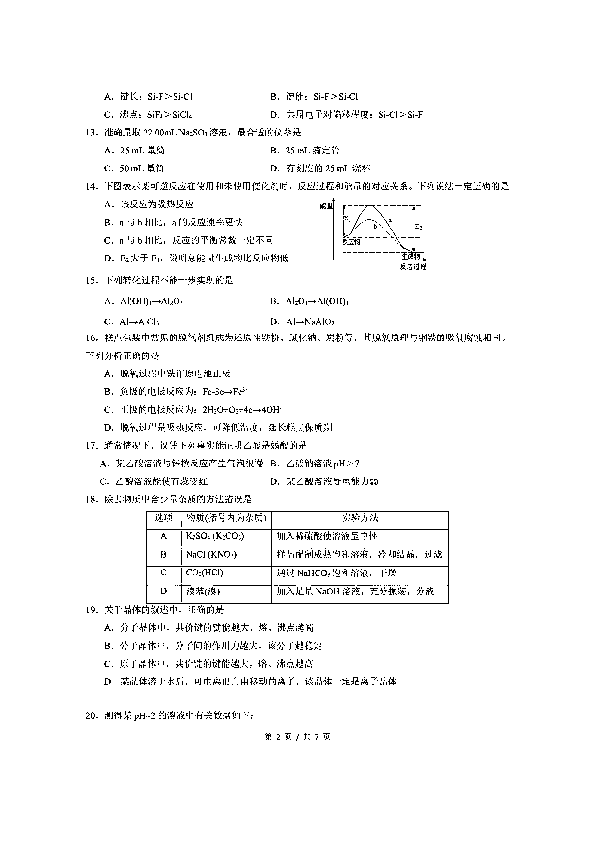 上海市金山区2019~2020学年高三上学期化学一模考试试卷及答案