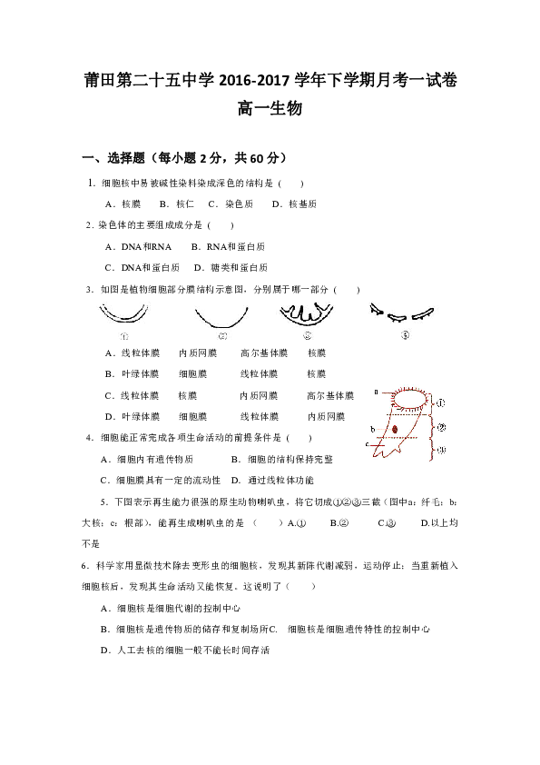 福建省莆田二十五中2016-2017学年高一下学期第一次月考生物试卷