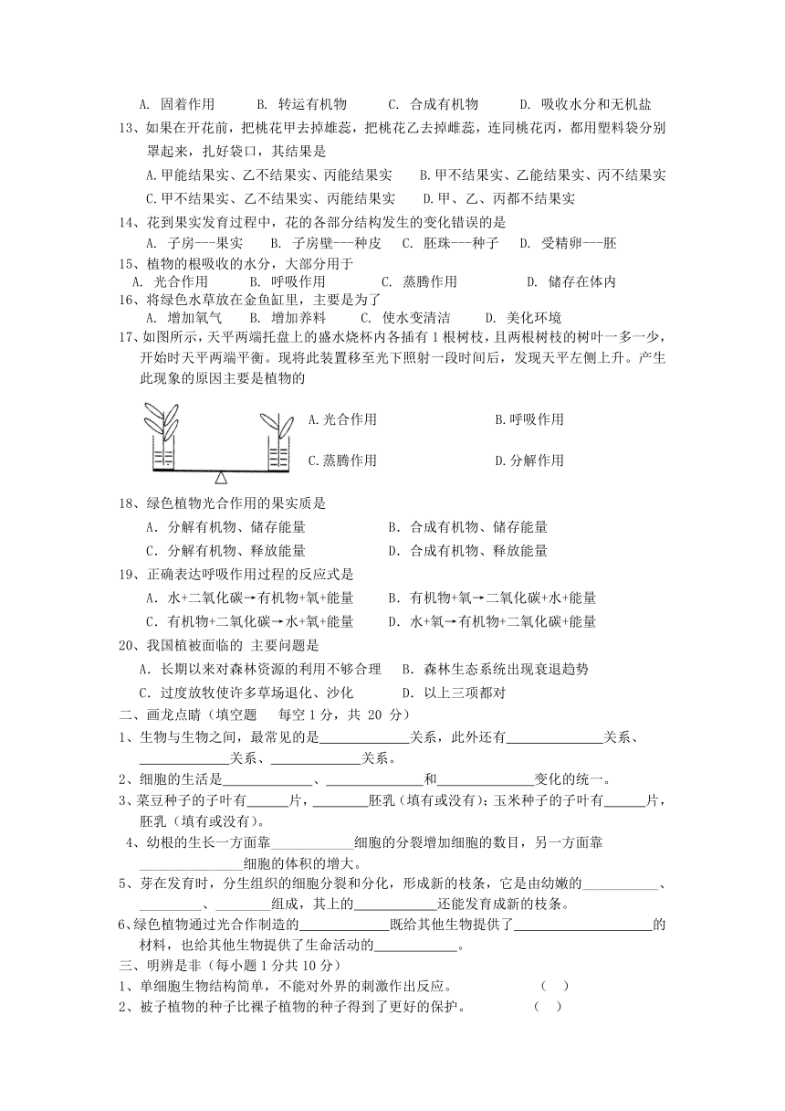 甘肃省徽县2013—2014学年度第一学期期末七年级生物考试题