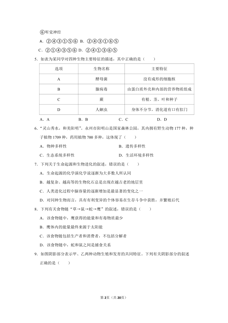 湖南省永州市2021年中考生物试卷（word版，含解析）