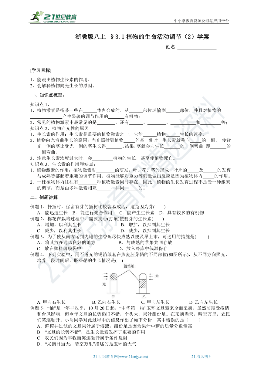 2022浙教版八上科学3 1植物的生命活动调节（2）学案（含答案） 21世纪教育网