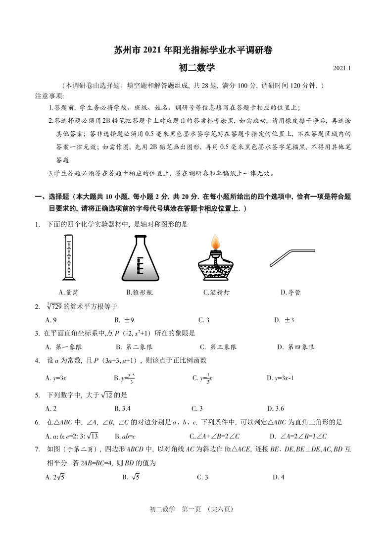 江苏省苏州市2020-2021学年数学阳光指标学业模拟试卷 八年级数学（PDF版含答案答题卡）