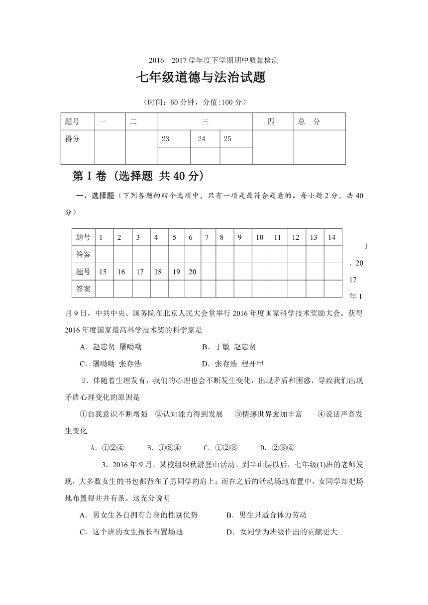 山东省日照市莒县2016-2017学年七年级下学期期中考试政治试卷