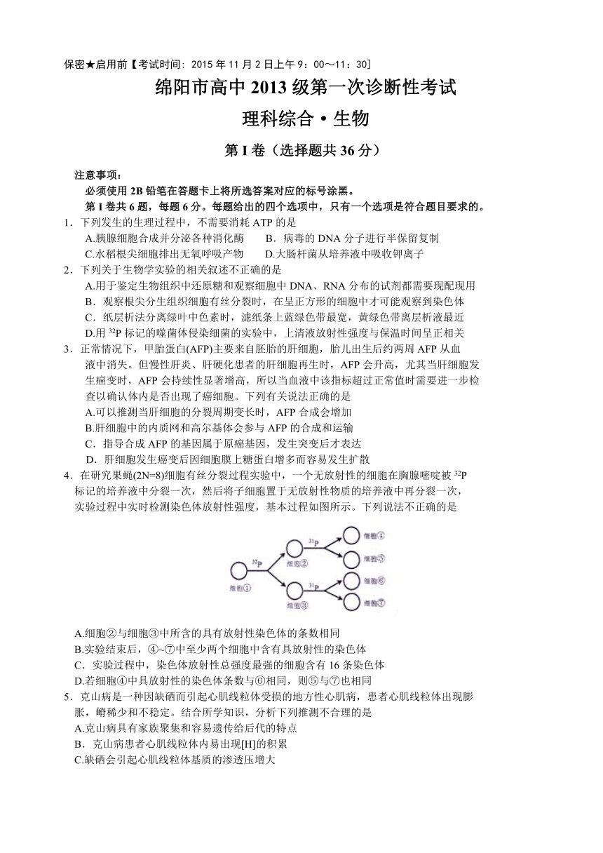 四川省绵阳市2016届高三第一次诊断性测试理综试题（Word版含答案）