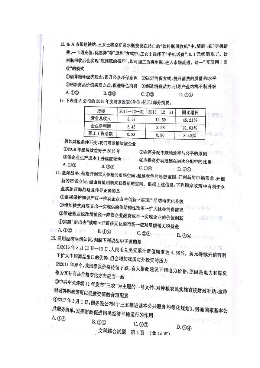 山东省济南市2017届高三二模考试（针对性训练）文科综合试题 扫描版无答案