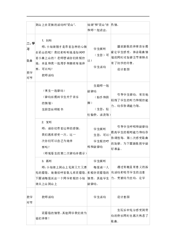 人教版三年级音乐下册（简谱）第五单元《采山》教学设计