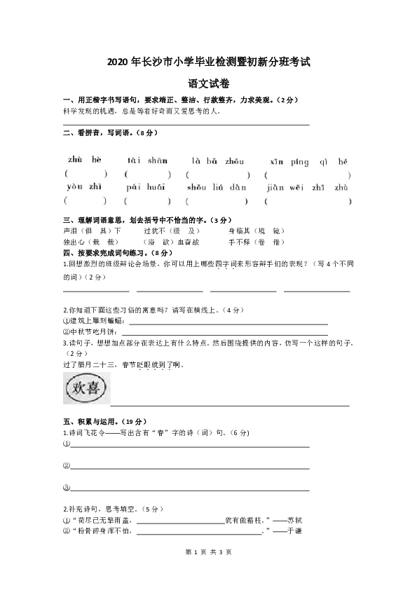 人教部编版六年级下册语文试题-2020年湖南省长沙市小学毕业检测暨初新分班考试语文试卷  （word版，含答案）