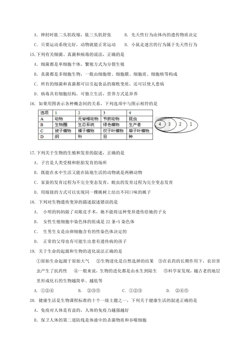 河北省唐山市丰南区2017-2018学年八年级下学期期中考试地理、生物试题(2018年丰南区生物中考第一次模拟考试)