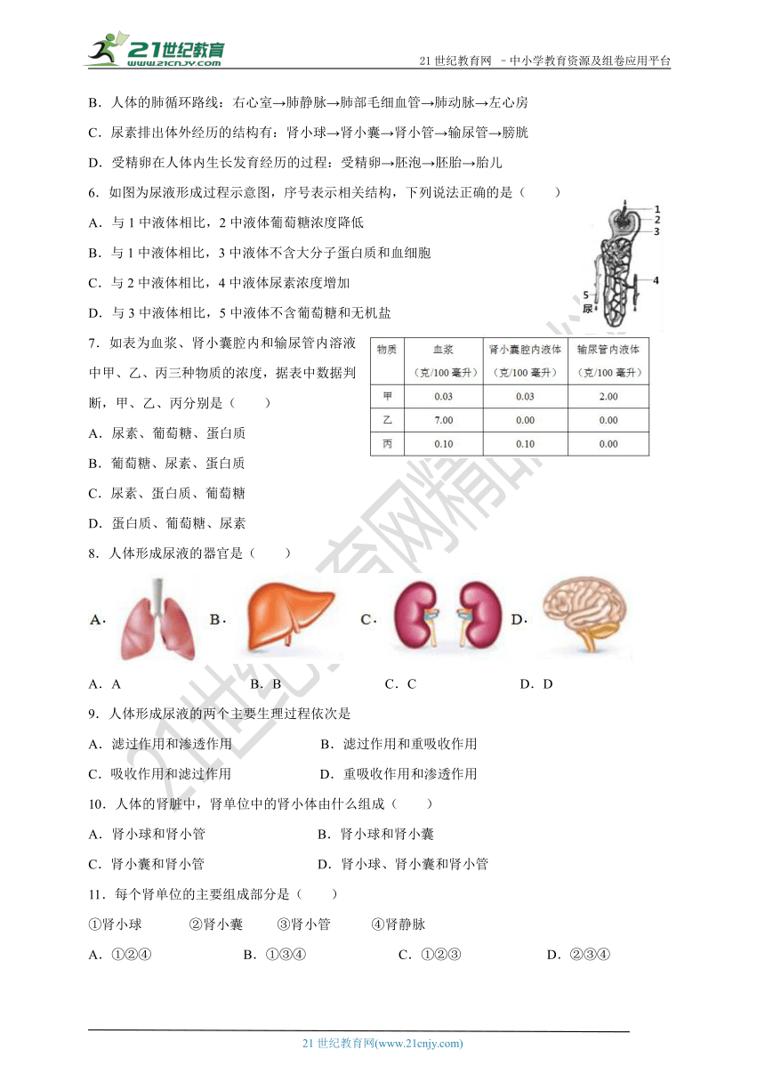 第五章   人体内废物的排出单元检测题（含答案）