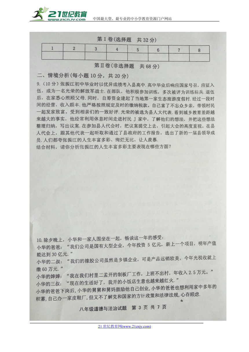 山东省利津县2017-2018学年八年级下学期期中考试道德与法治试题（图片版）