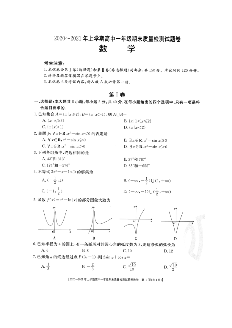 湖南省邵阳县2020-2021年第一学期高一期末质量检测数学试题（图片版含答案）