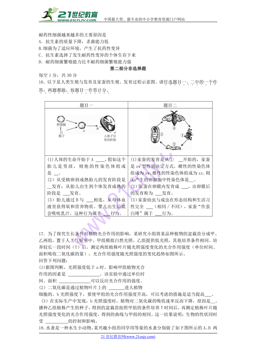 北京市大兴区2018届中考生物一模试题