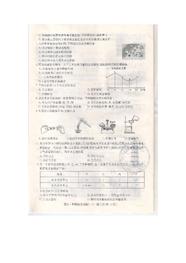 湖北省黄冈市2016届初中毕业生学业水平5月冲关卷考试一理科综合试题