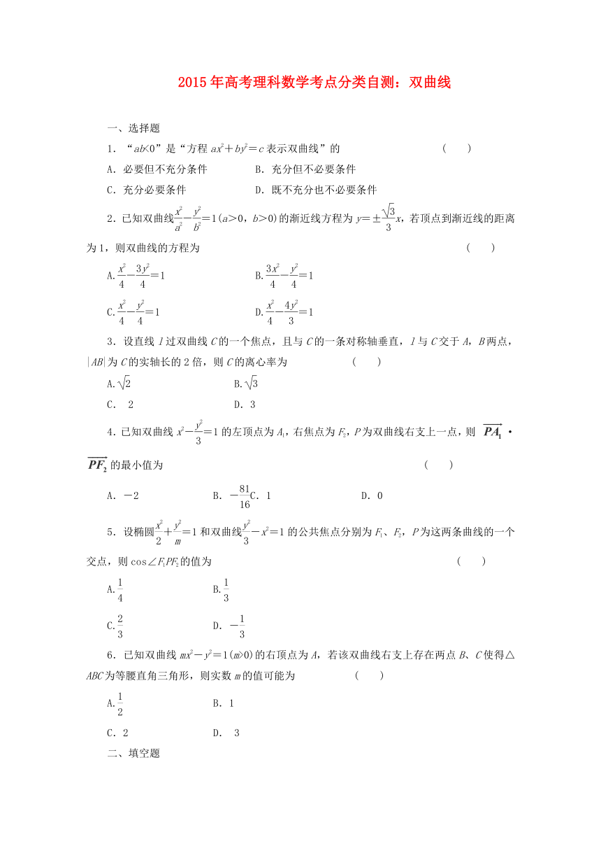 2015年高考理科数学考点分类自测： 双曲线