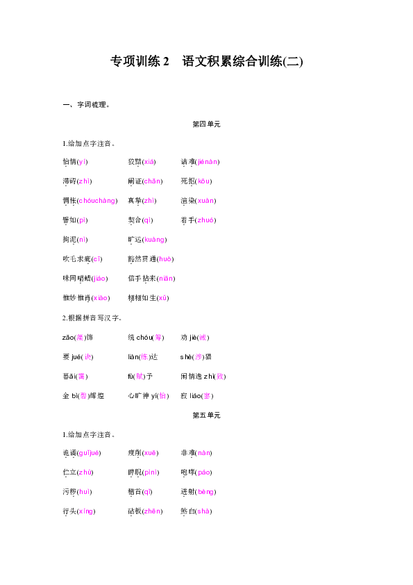 2019年春九年级语文下册作业训练：专项训练2 语文积累综合训练