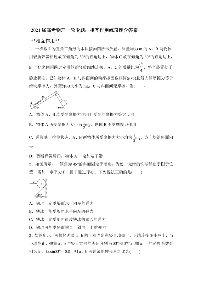 2021届高考物理一轮专题：相互作用练习题含答案