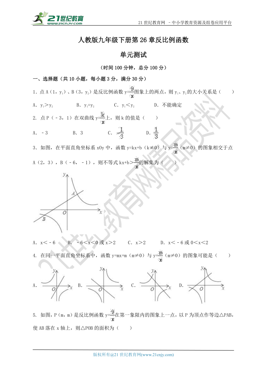 第26章 反比例函数单元测试试题（含解析）