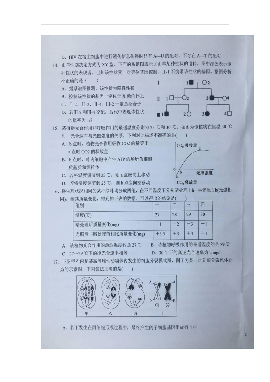 安徽省六安一中2017-2018学年高二下学期暑假针对性考试（五）生物试卷（扫描版）