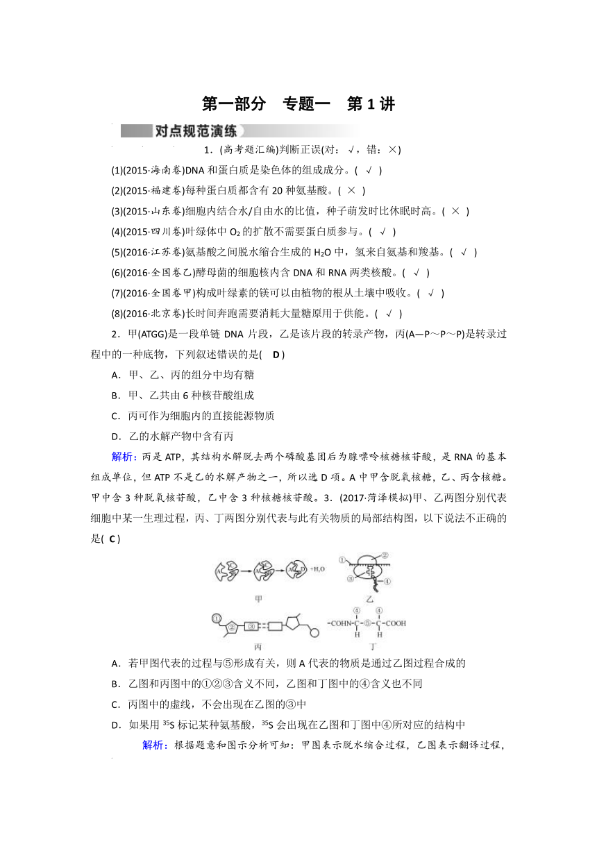 2017届高考生物（通用版）二轮复习专题演练：专题1 第1讲 细胞的分子组成（含解析）