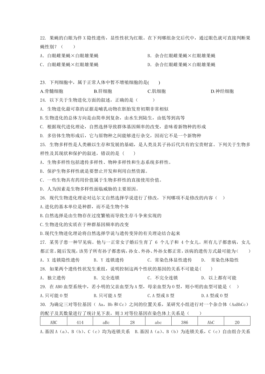 上海市金山中学2016-2017学年高二上学期期末考试生物（等级）试卷