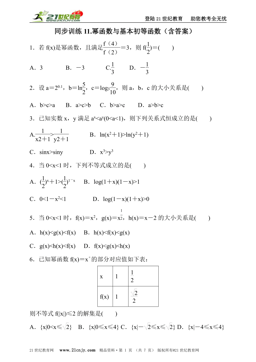 2017届高三数学（理）一轮复习同步训练11.幂函数与基本初等函数（含答案）