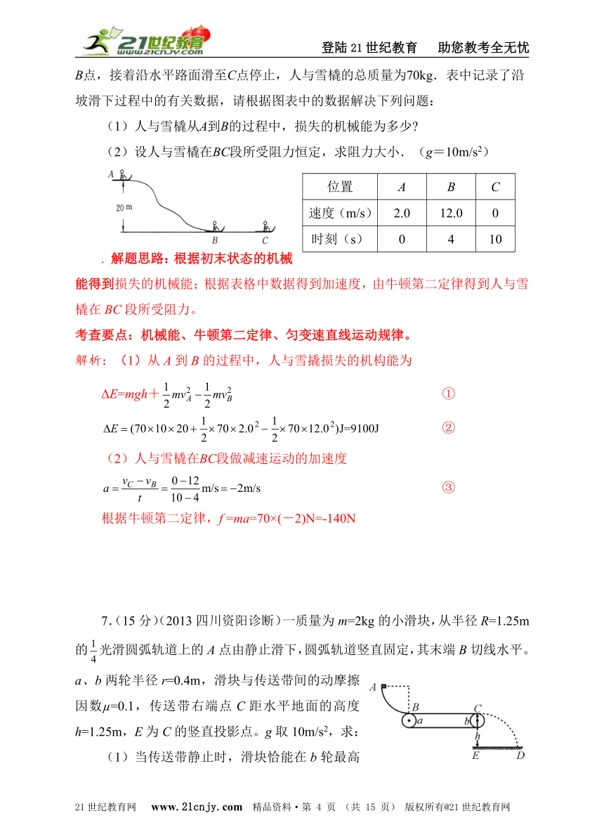 2013高考模拟新题特快专递第二期六机械能