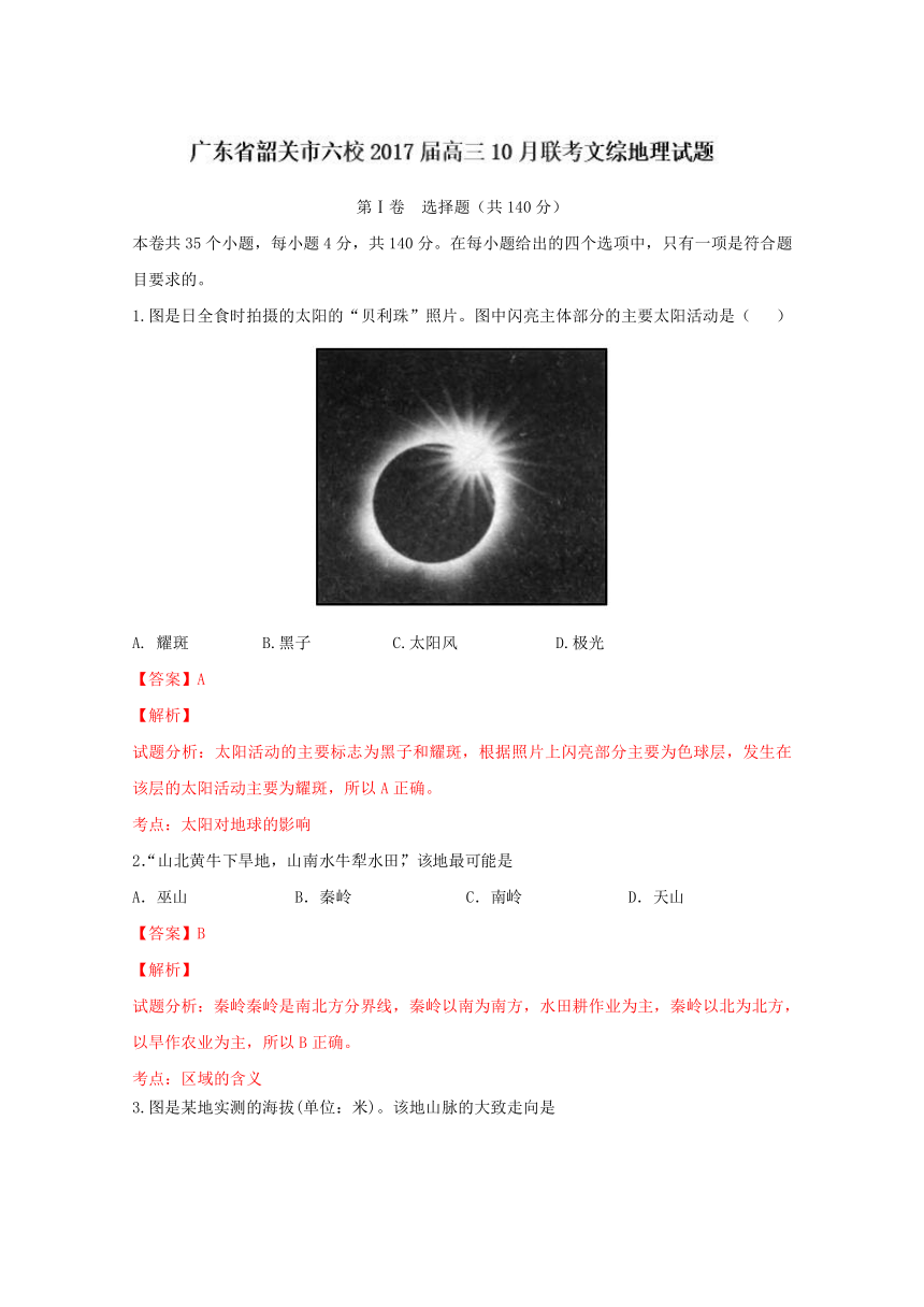 广东韶关六校高三10月联考文综地理试题解析（解析版）