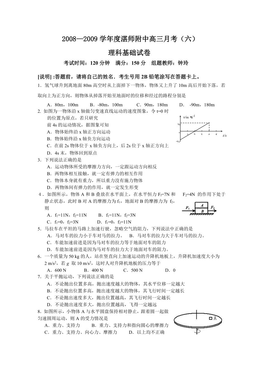 （特别免费资料）广东省湛师附中2009届高三最后一模（理科基础）