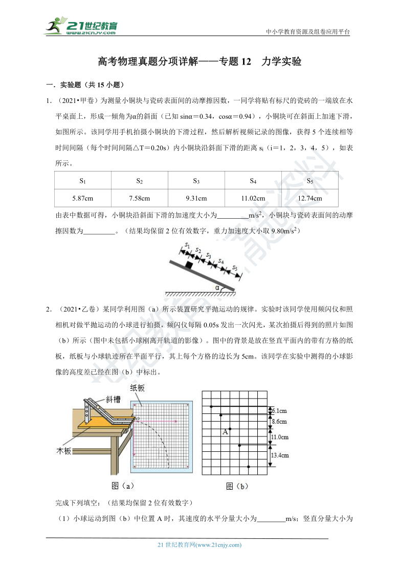 五年（2017-2021）高考物理真题分项详解  专题12  力学实验