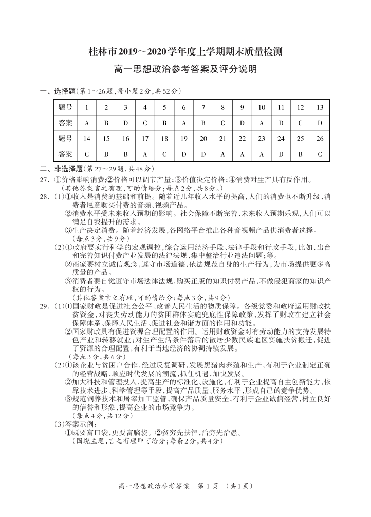 广西桂林市2019-2020学年高一上学期期末考试政治试题 扫描版含答案