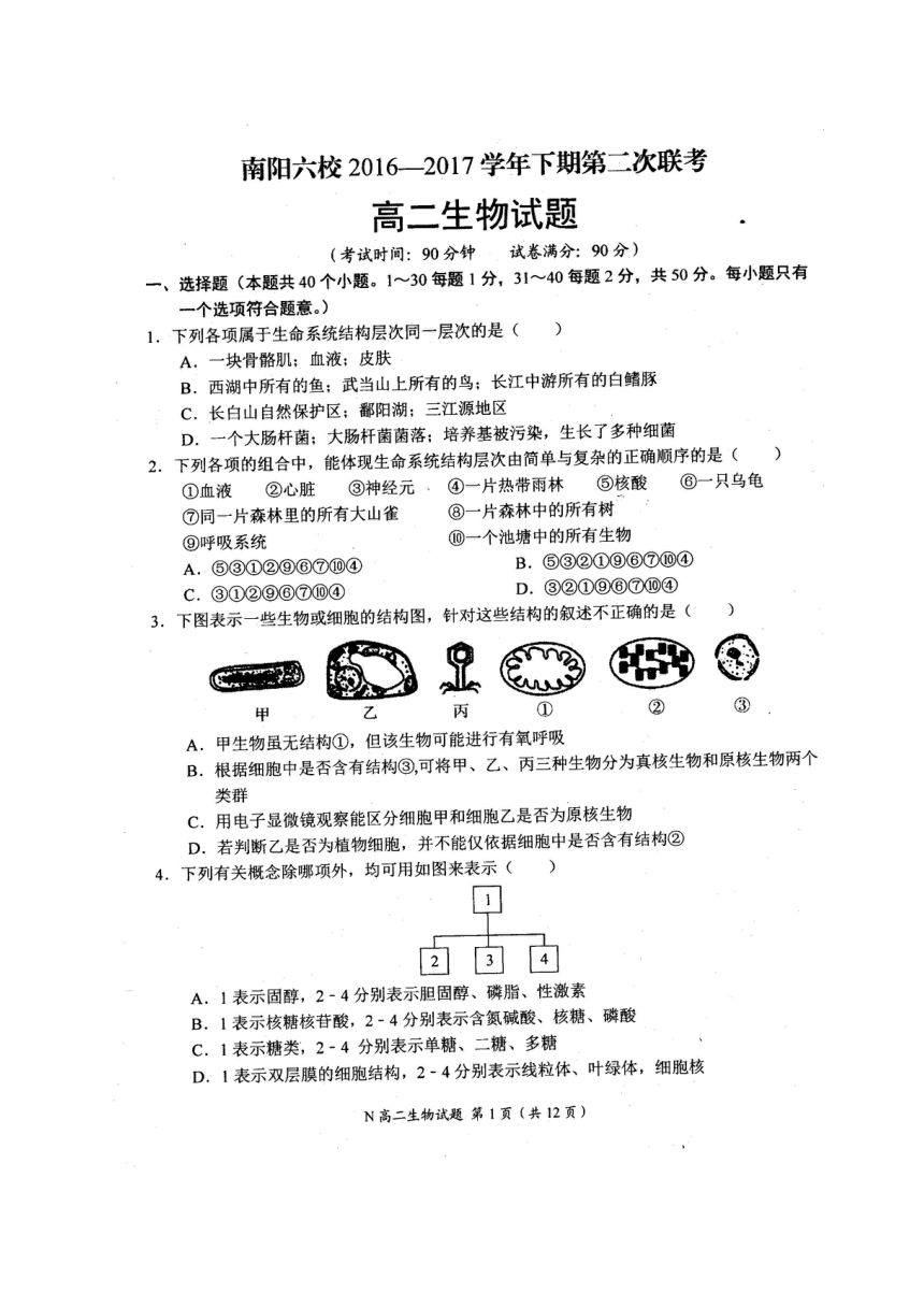 河南省南阳市六校2016_2017学年高二生物下学期第二次联考试题（扫描版）