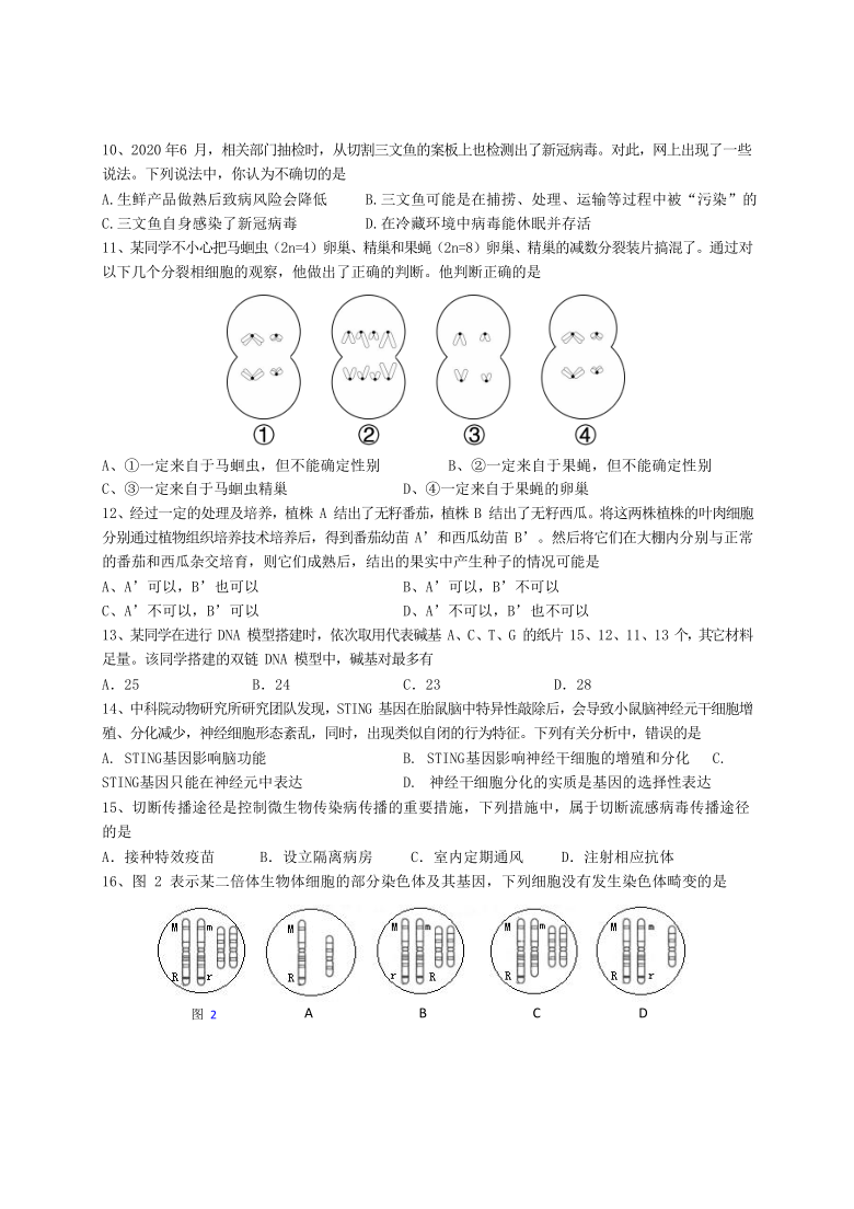 上海市徐汇区2021届高三下学期4月学习能力诊断调研考试（二模）生物试题    含答案