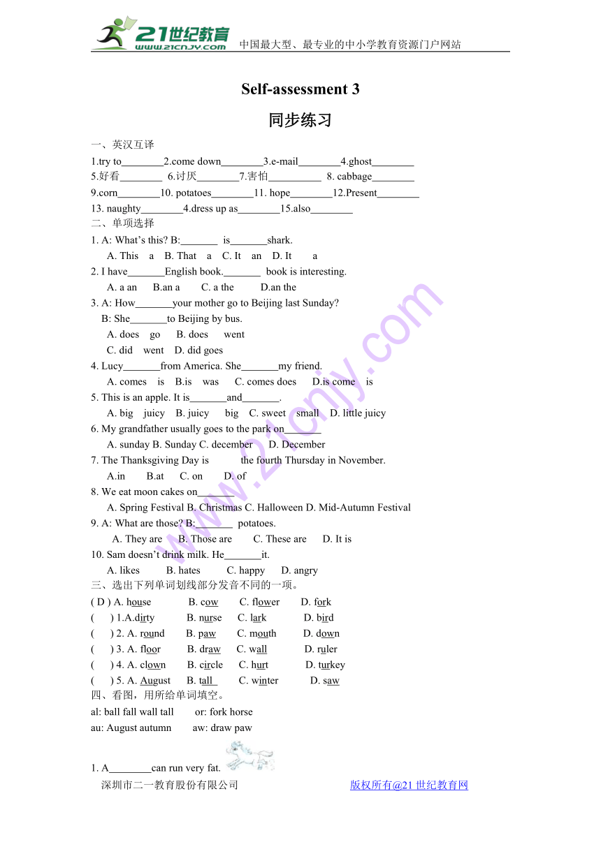 川教版小学英语六上 Self-assessement 3 练习（含答案）