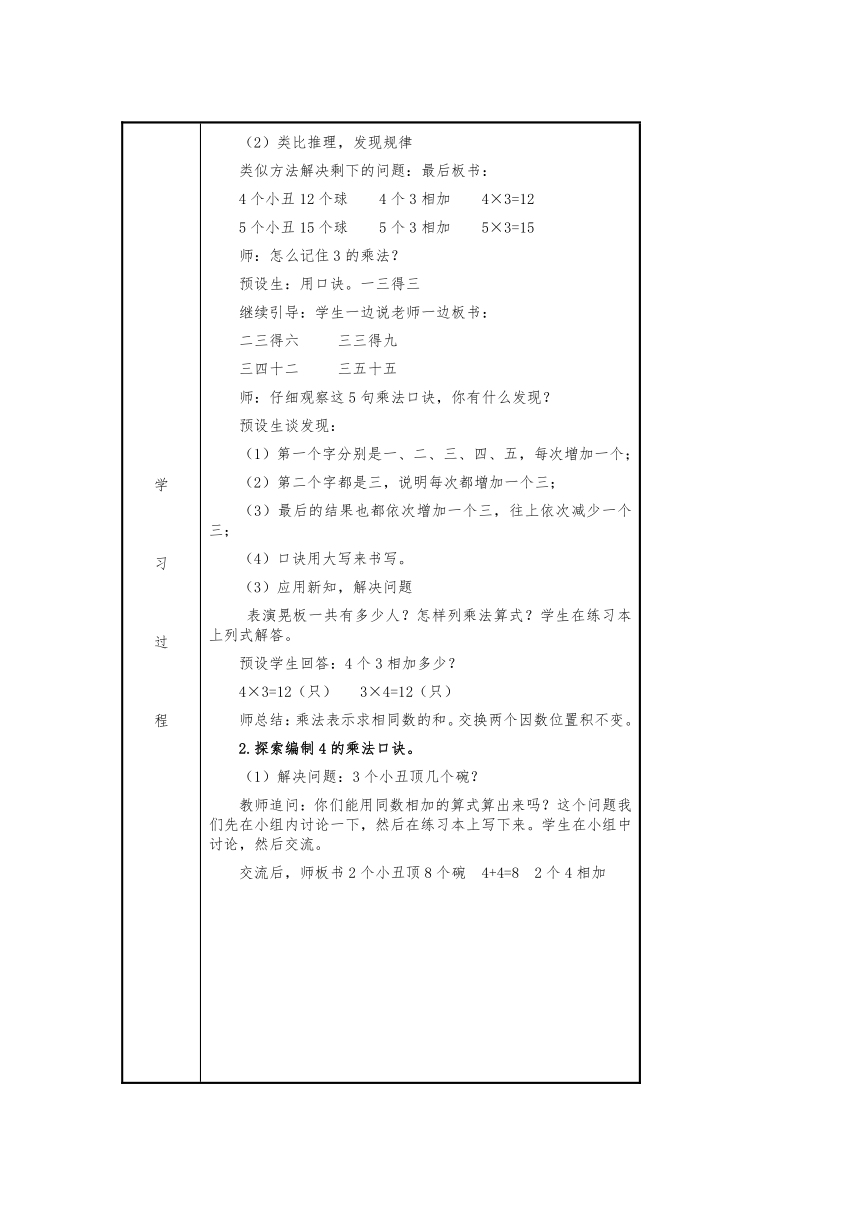 第二单元表内乘法一第5课时表格式教案数学二年级上册青岛版