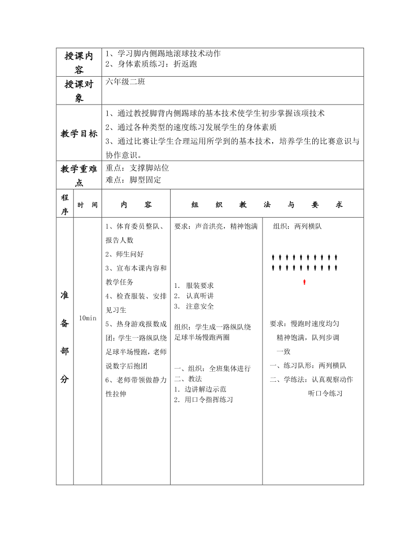 人教版 六年级上册体育  6.2足球脚内侧踢地滚球   教案（表格式）