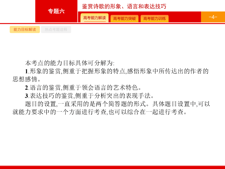 2015年高考语文 二轮 总复习【专题突破课件】专题六 鉴赏诗歌的形象、语言和表达技巧（含2014高考真题）（共63张PPT）