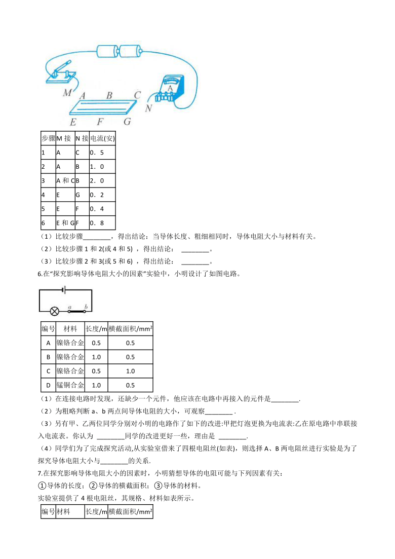 2020-2021学年浙教版科学中考第二轮专题复习电学实验--影响电阻大小的因素(含解析)