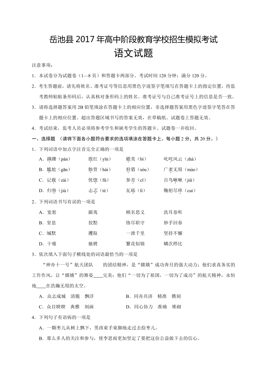 四川省广安市岳池县2017年高中阶段教育学校招生模拟考试语文试题