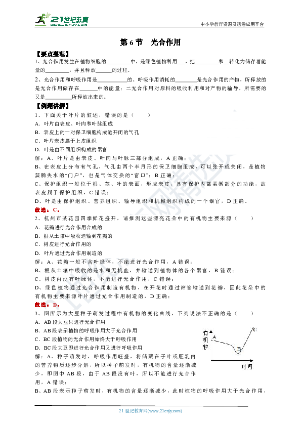 同步培优学案：3.6 光合作用（要点归纳+分层练习）