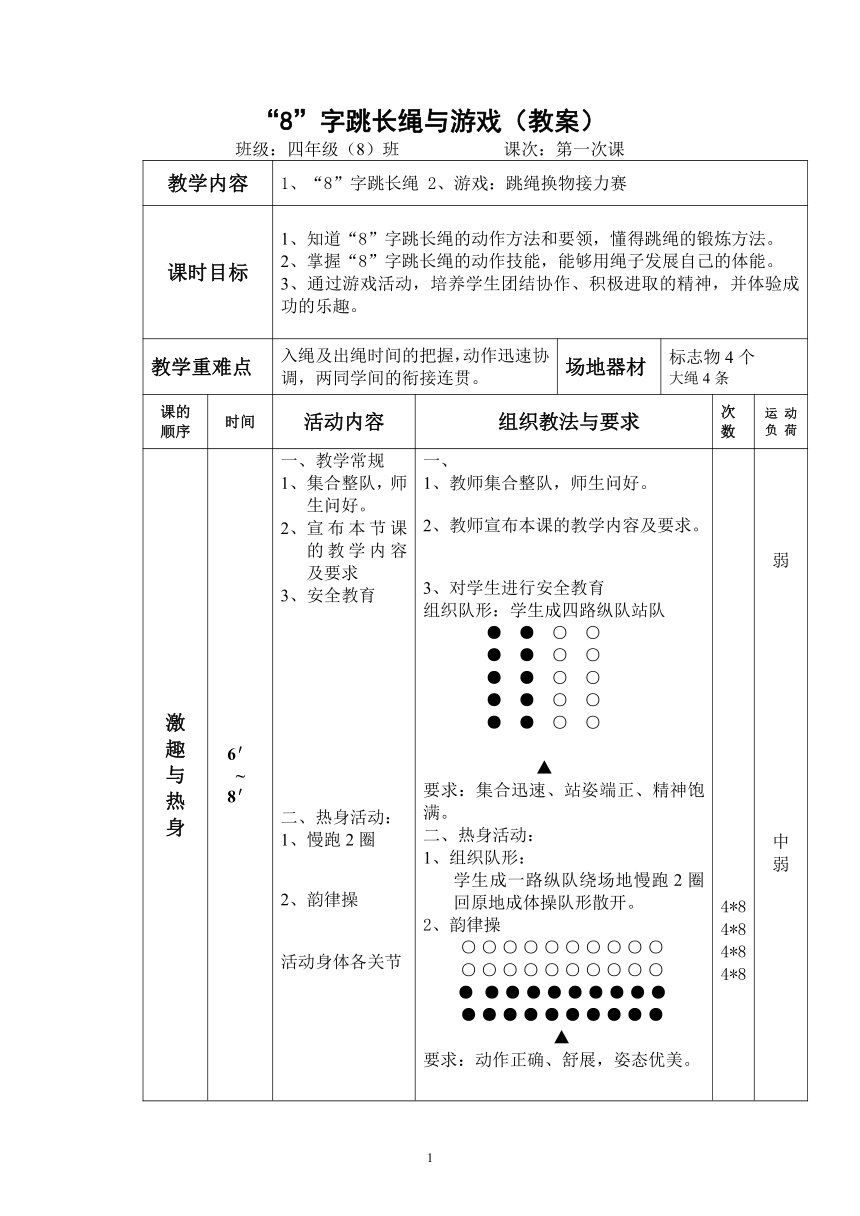 8字跳長繩與遊戲教案表格式體育與健康水平二四年級上冊