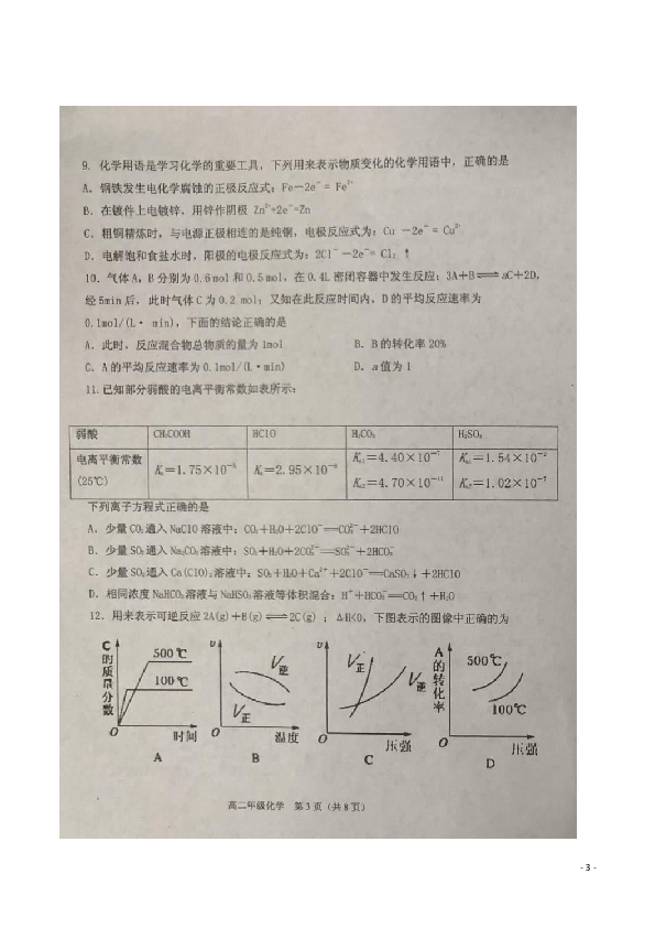 天津市滨海新区2019-2020学年高二上学期期末检测化学试题 扫描版