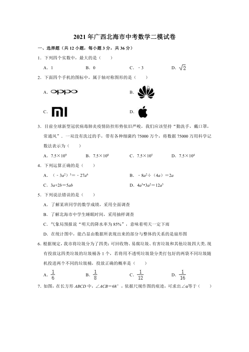 2021年广西壮族自治区北海市中考数学二模试卷（Word版 含解析）