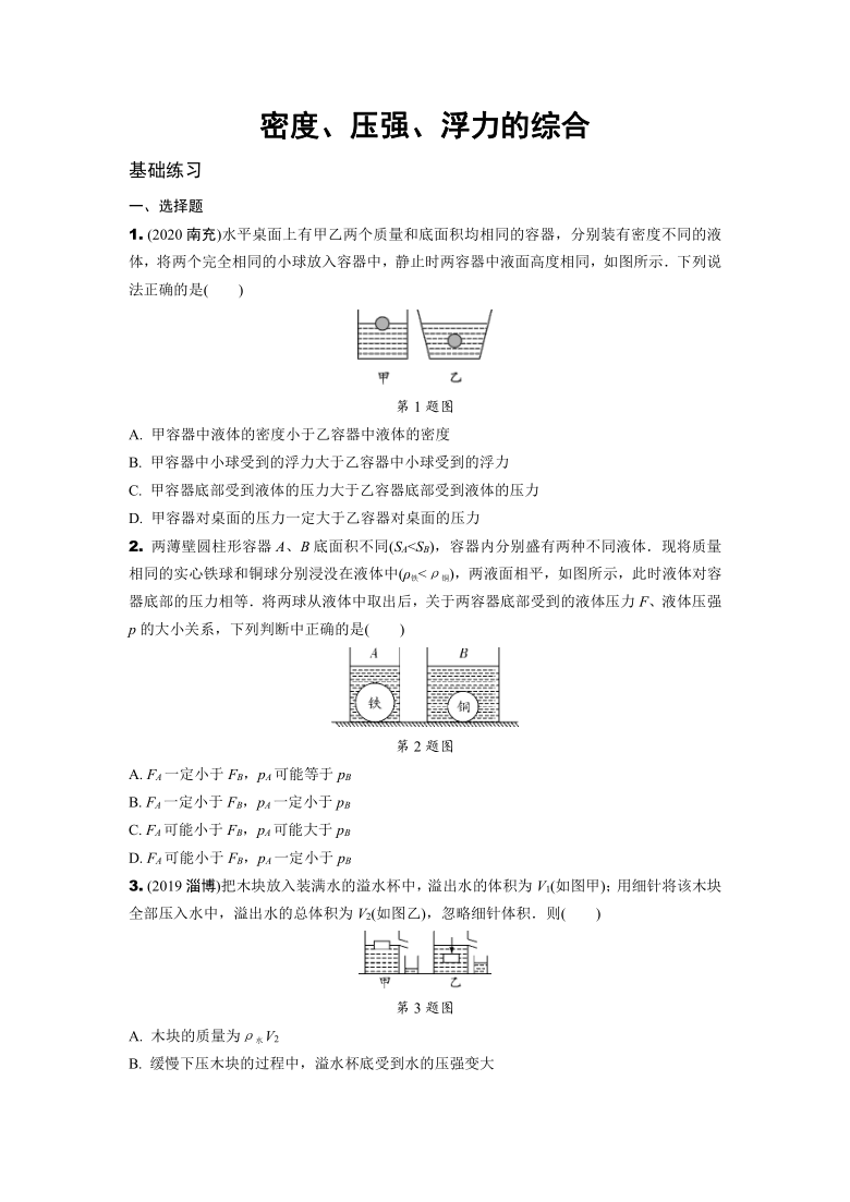 2021届中考物理总复习专题演练：密度、压强、浮力的综合（含答案）